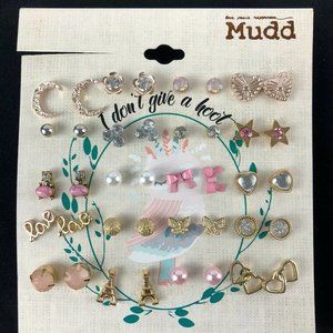 Mudd Stud Earrings Gift Set 20 Pairs Gold & Copper-tone "I don't give a hoot"